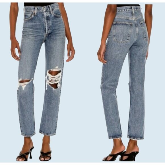 AGOLDE High Waisted Button Fly Distressed 90s Jeans Size 23 - Picture 1 of 8